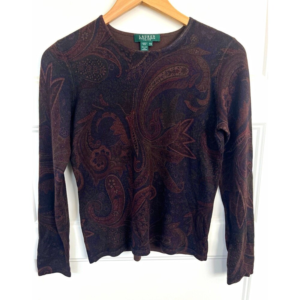 Vintage 90s Lauren Ralph Lauren Silk Cashmere Paisley Sweater Womens PM